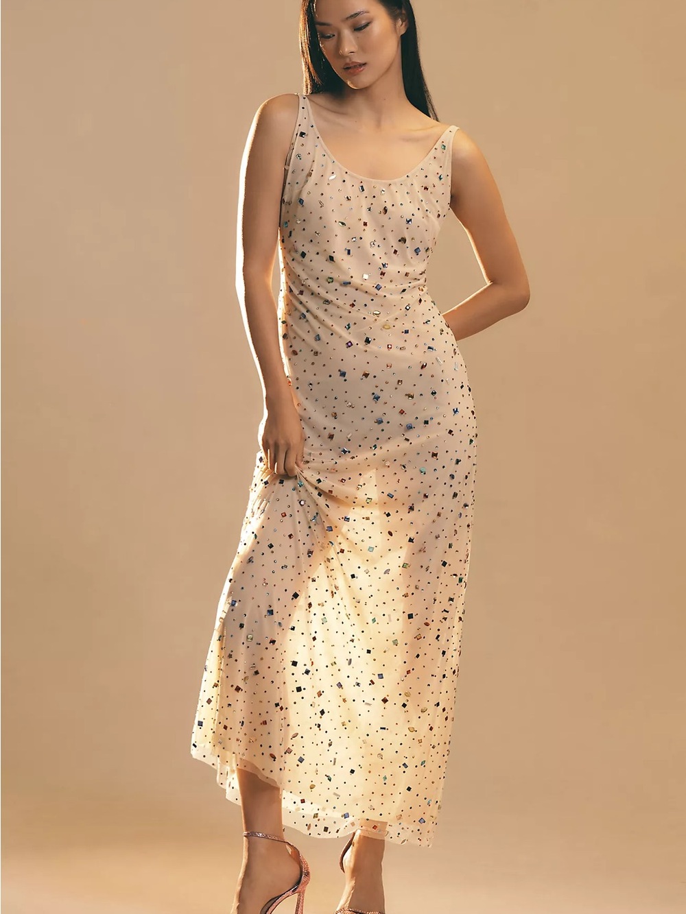 Anthropologie Sequin-Embellished Cream Maxi Dress